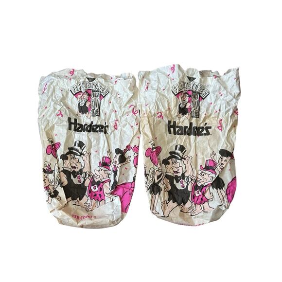 VTG 1991 The Flintstones Hardees Glasses + 2 Original Bags 30 Years Barney Bam - Picture 4 of 5